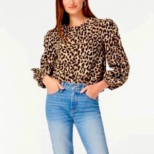 J Crew leopard print ruffled 3/4 sleeves cotton popover blouse M
